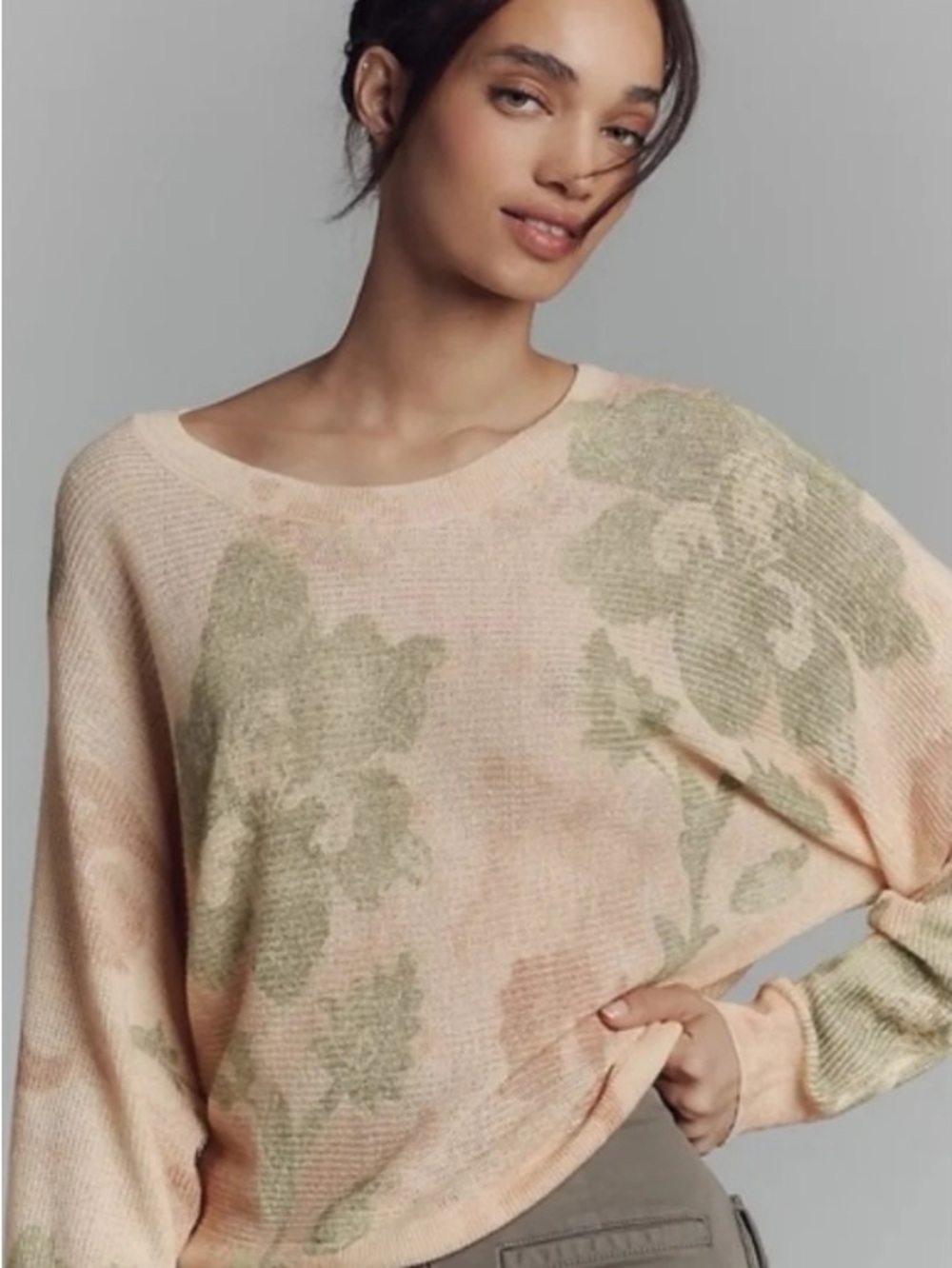 By Anthropologie Printed-Linen Pullover Sweater, Peach, XS